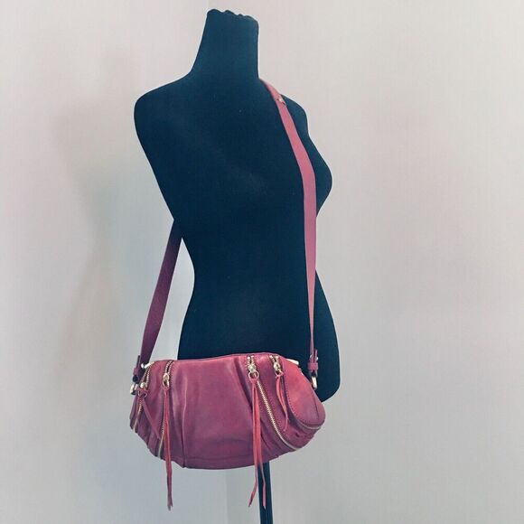 BOTKIER Red Leather Fringed Multiple Gold Zipper Moto Medium Size Crossbody Bag - Picture 1 of 8
